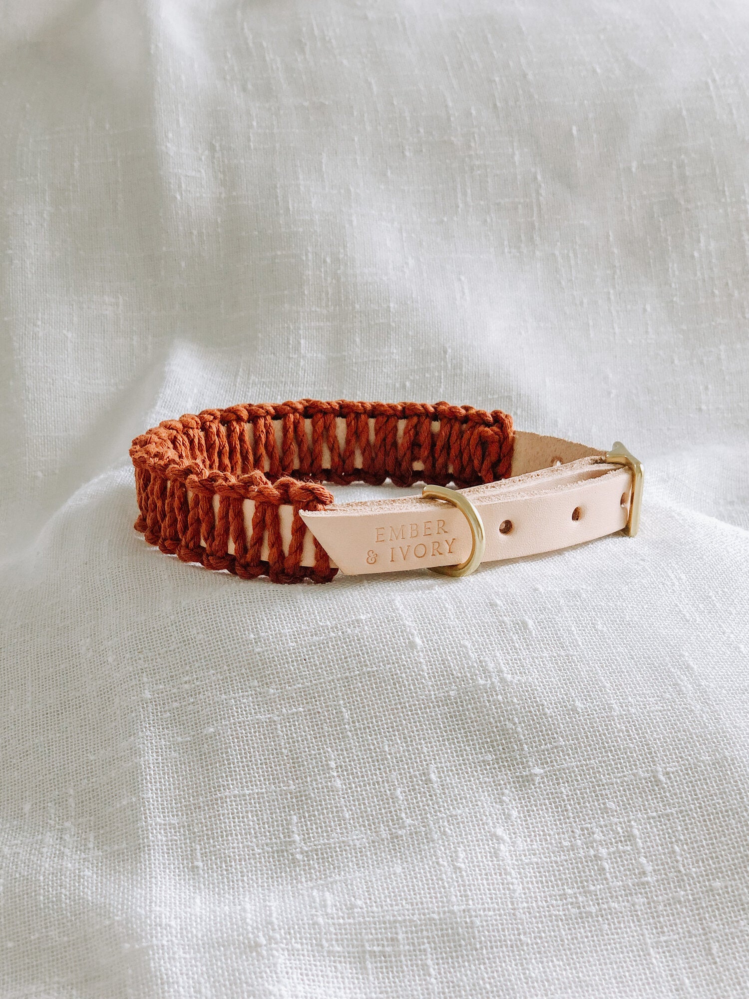Ember & Ivory Macrame & Vegetable Leather Collar in Natural/Rust